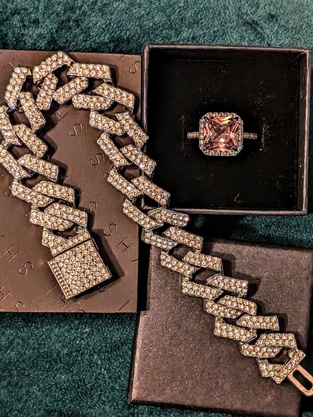 Iced out silver Cuban Link bracelet silver and pink ring bundle